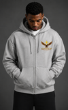 Gray hoodie with 'Elevate Up' design on front and back worn by a person against a dark background