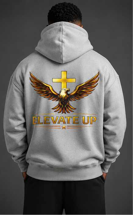 Gray hoodie with 'Elevate Up' design on front and back worn by a person against a dark background