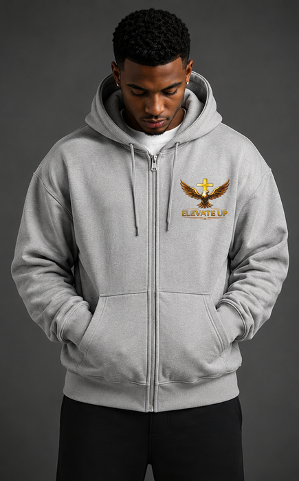 Gray hoodie with 'Elevate Up' design on front and back worn by a person against a dark background