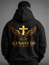 Black zip-up hoodie with 'Elevate Up' logo on front and back, worn by a person against a gray background.