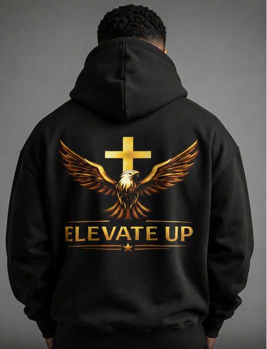 Black zip-up hoodie with 'Elevate Up' logo on front and back, worn by a person against a gray background.